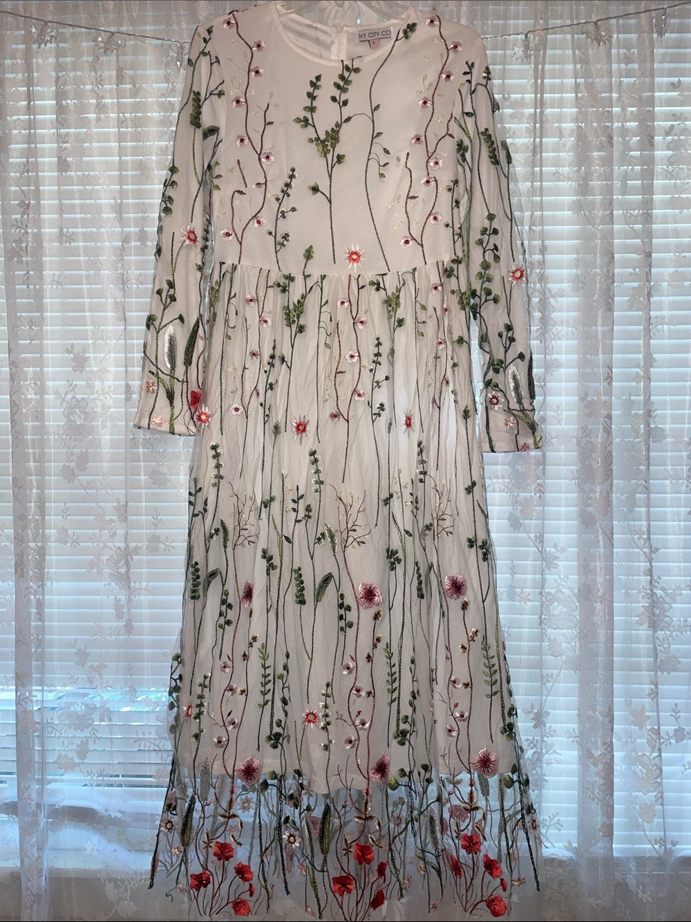 Ivy City Co Cream Long Sleeve Floral Embroidered Dress